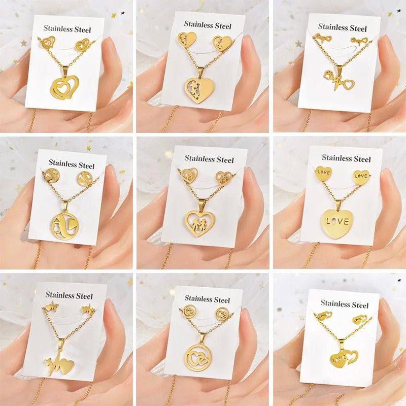 Fashion stainless steel pendant earrings necklace jewelry set for women.